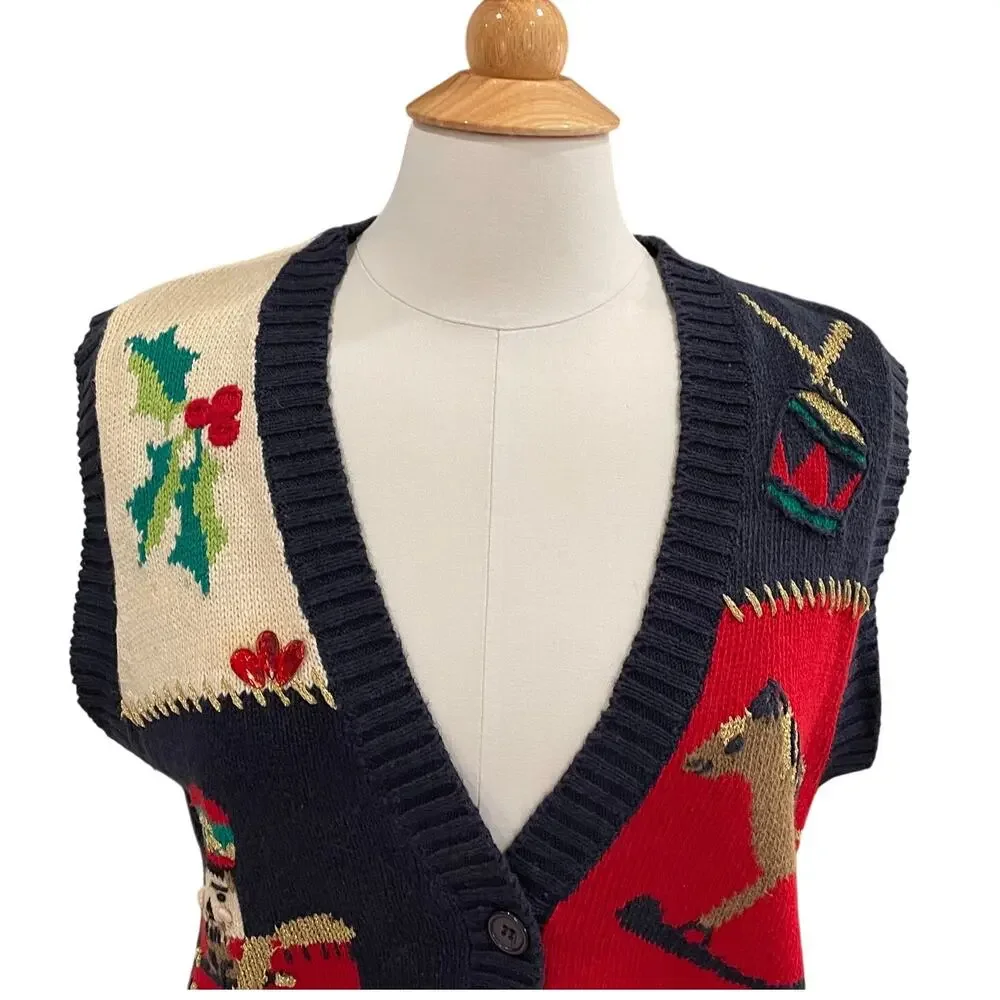 Lauren Gayle Navy, Red, Christmas Patchwork Sweater Vest, Nutcracker, Holly, M